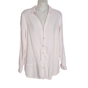 J Jill Womens Tunic Top Small Button Up V Neck Pink White Stripe Long Sleeve